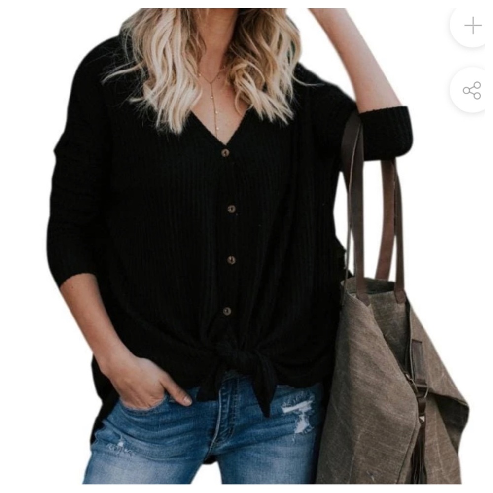 Black long sleeves button down tie front tunic top - Picture 4 of 4